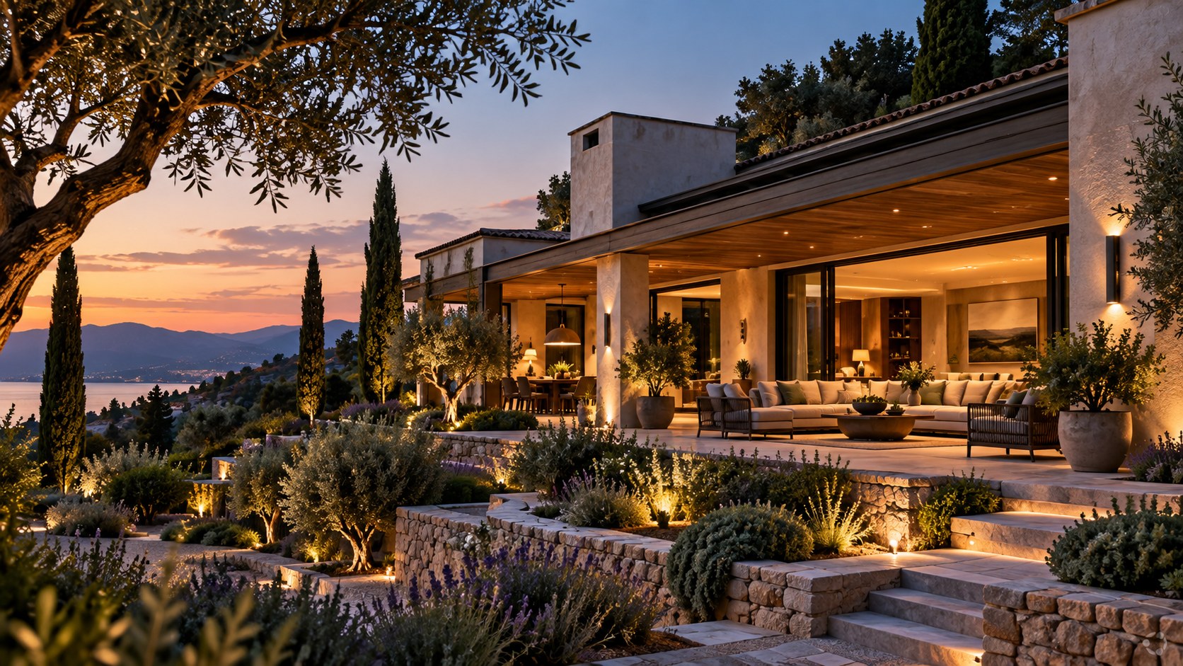 AI-generated Mediterranean-inspired luxury residence viewed across a landscaped side garden, with warm stucco volumes, a long shaded loggia, dark-framed openings, mature trees, and soft evening light.