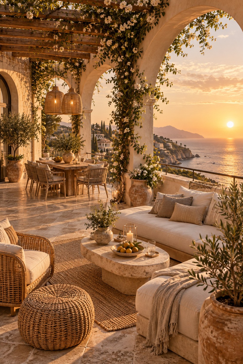 Golden-Hour Mediterranean Terrace with Coastal Views