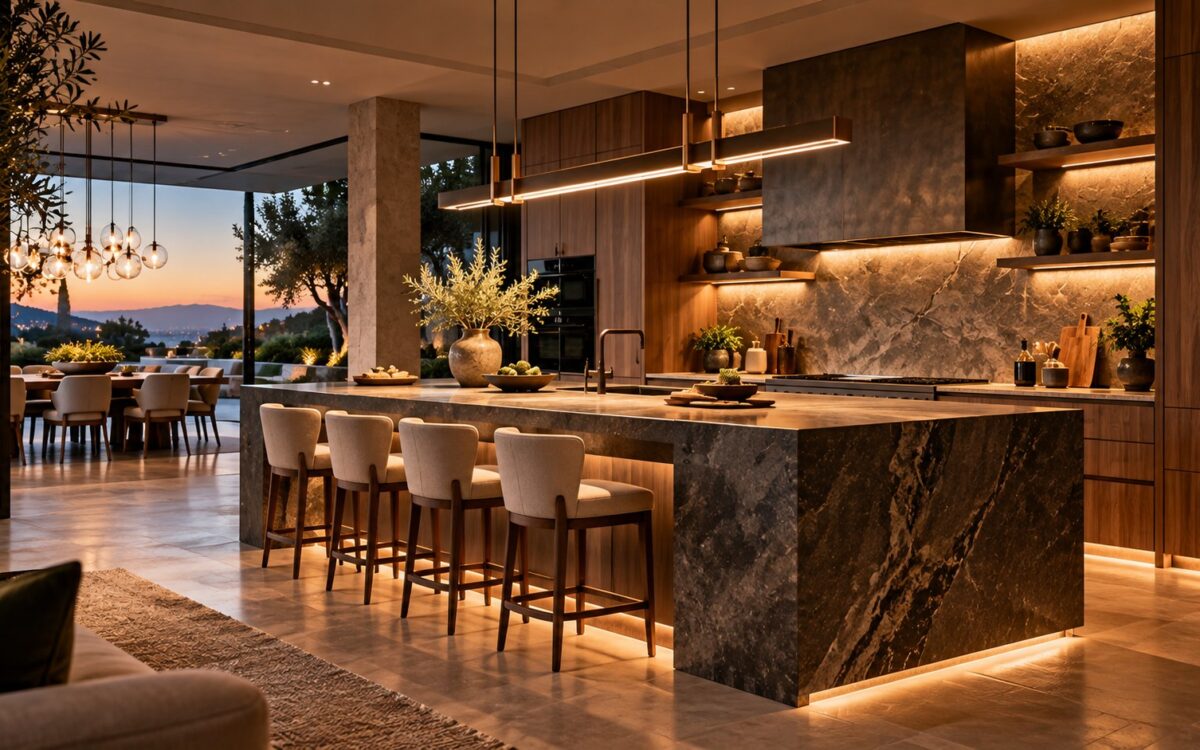 Contemporary luxury kitchen with a generously proportioned architectural island in dark stone, warm timber cabinetry, restrained seating, layered lighting, and a framed garden view.