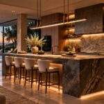 Contemporary luxury kitchen with a generously proportioned architectural island in dark stone, warm timber cabinetry, restrained seating, layered lighting, and a framed garden view.
