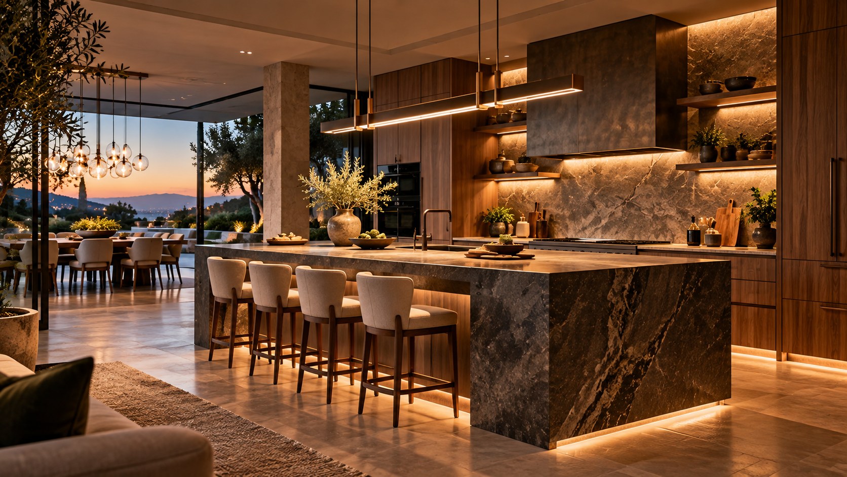 Contemporary luxury kitchen with a generously proportioned architectural island in dark stone, warm timber cabinetry, restrained seating, layered lighting, and a framed garden view.