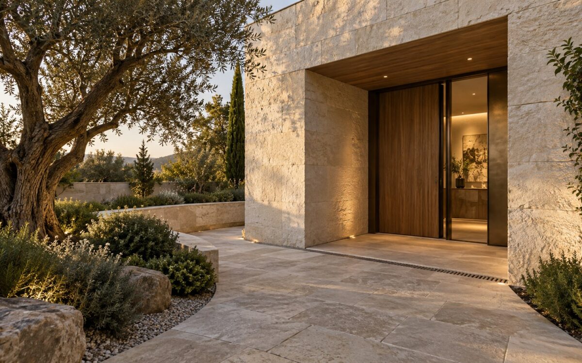 Contemporary limestone and timber home entrance approached through a shaded planted courtyard with an articulated stone threshold.