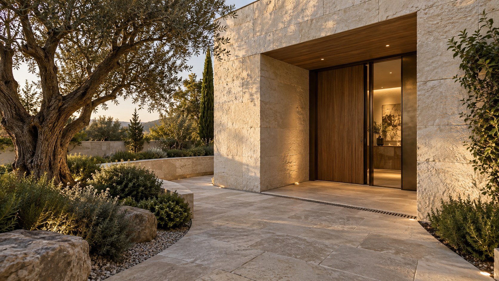 Contemporary limestone and timber home entrance approached through a shaded planted courtyard with an articulated stone threshold.