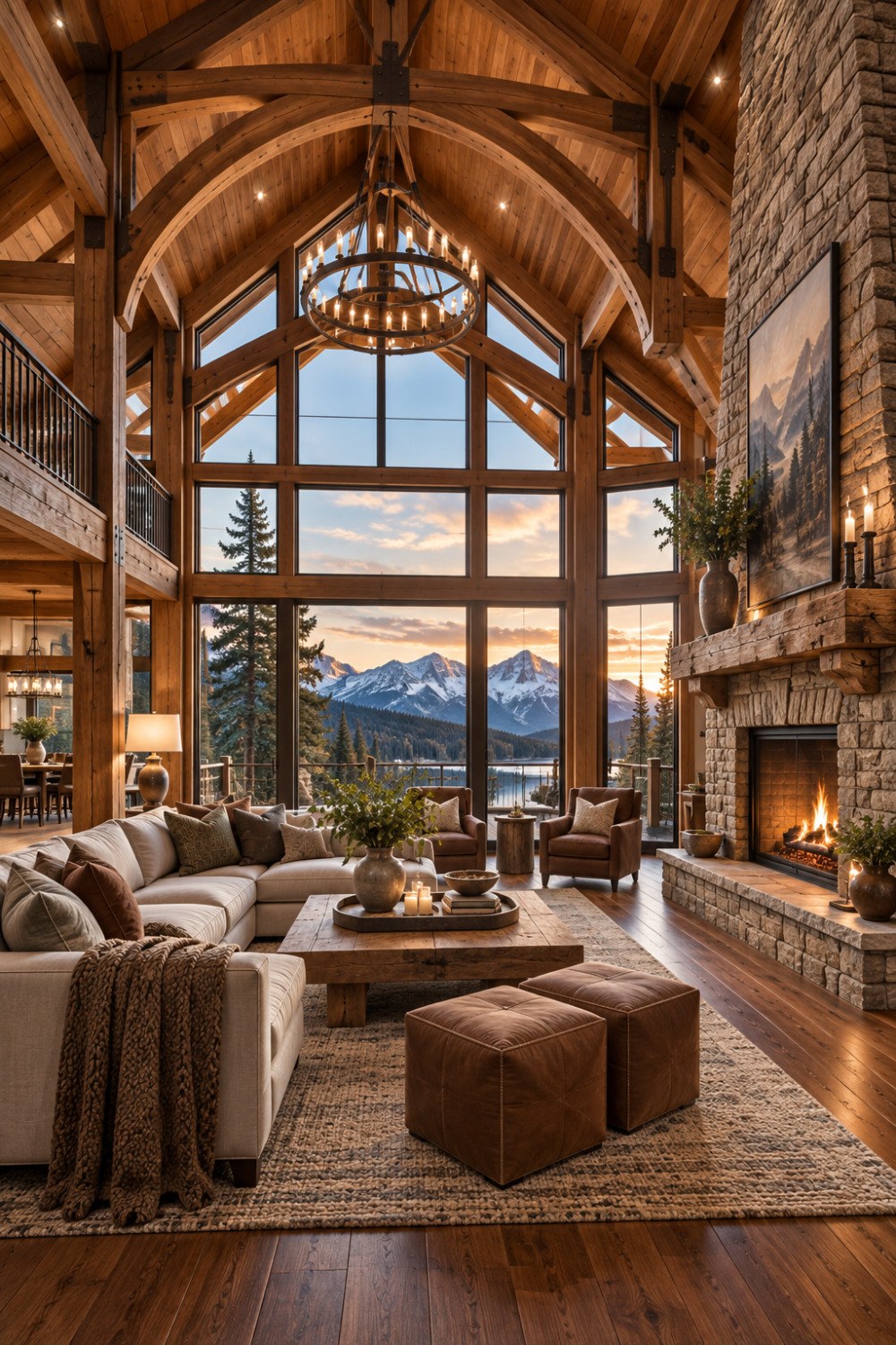 Mountain Lodge Great Room with Timber Trusses and Sunset Views