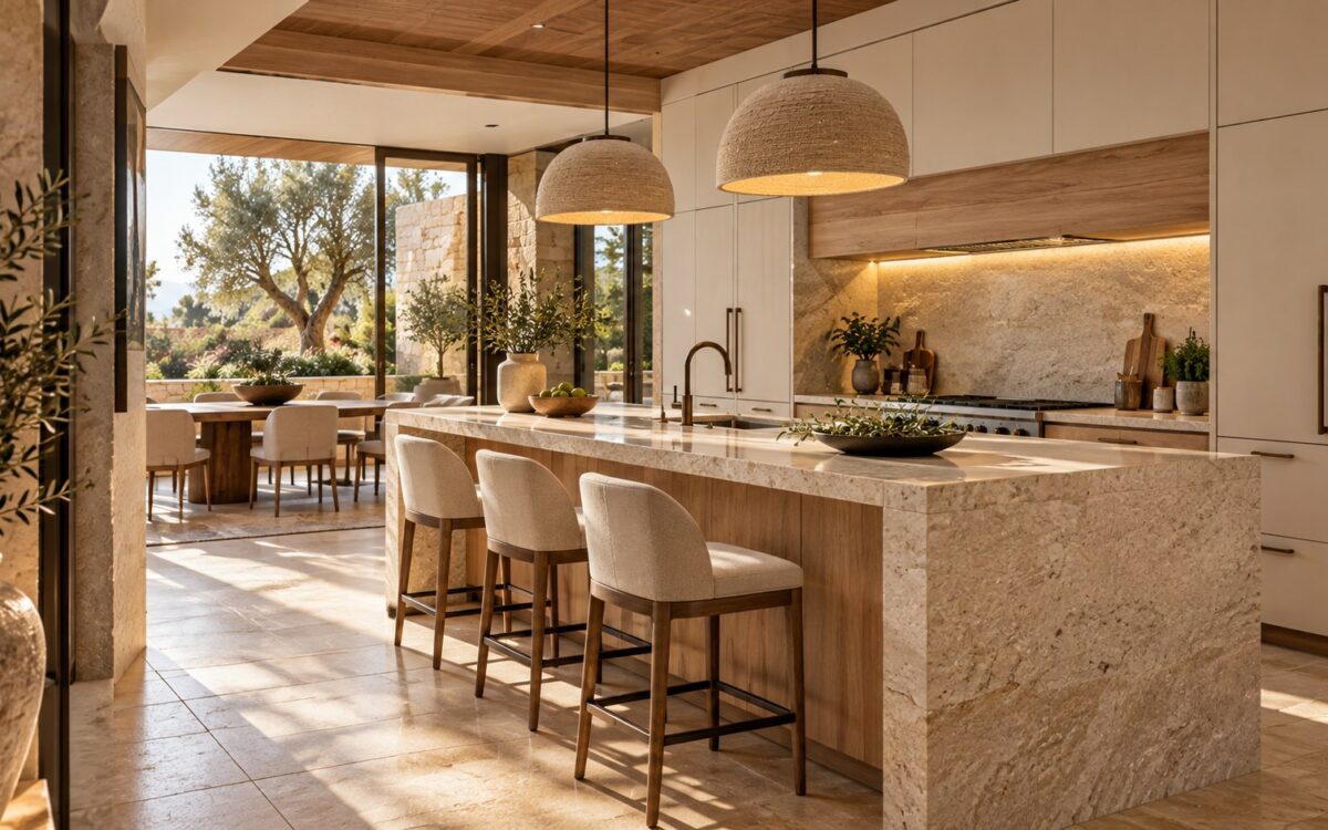 Contemporary luxury kitchen with a honed limestone island, warm oak cabinetry, discreet bronze accents, and garden-facing dining.