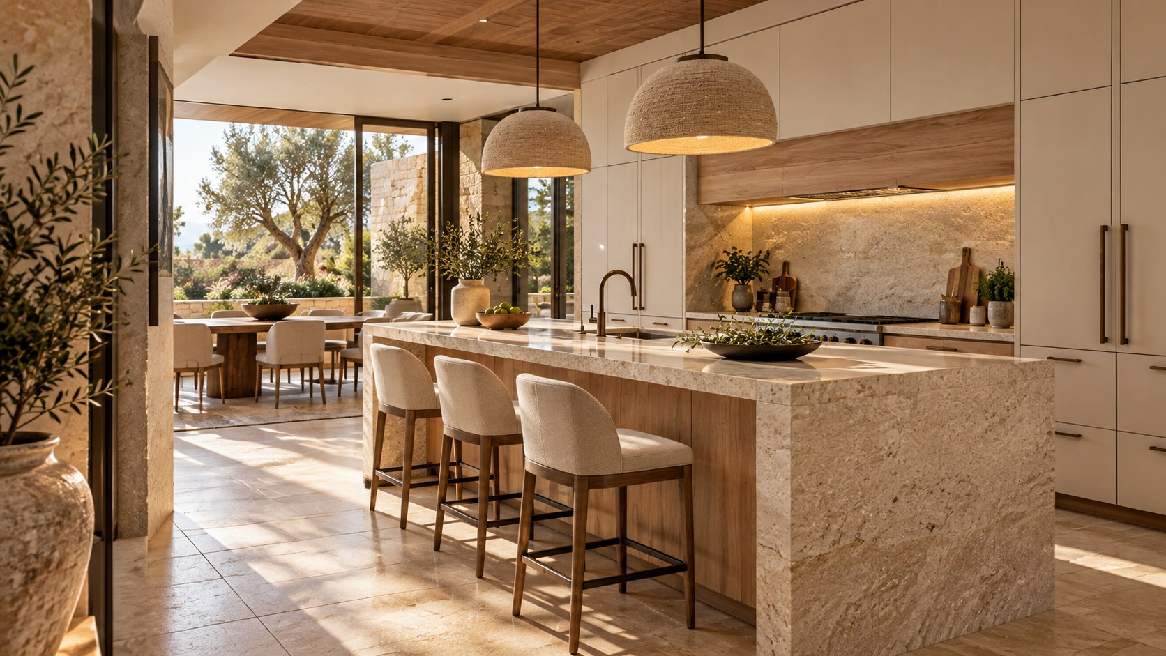 Contemporary luxury kitchen with a honed limestone island, warm oak cabinetry, discreet bronze accents, and garden-facing dining.