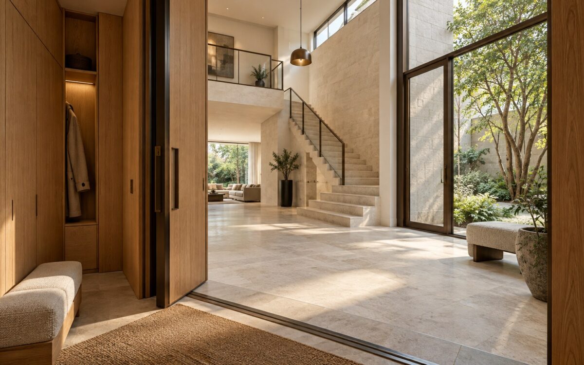 Contemporary limestone entry hall opening into a double-height foyer with oak stair, upper gallery, and softly lit garden.