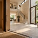 Contemporary limestone entry hall opening into a double-height foyer with oak stair, upper gallery, and softly lit garden.