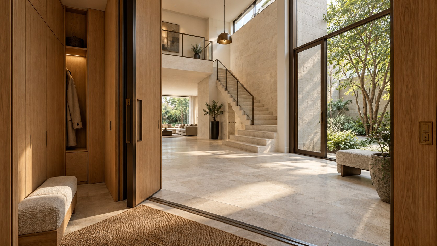Contemporary limestone entry hall opening into a double-height foyer with oak stair, upper gallery, and softly lit garden.