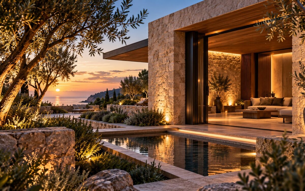 AI-generated Mediterranean-inspired luxury spa pavilion viewed from a landscaped garden at dusk, with warm stone walls, a deep shaded opening, timber detailing, filtered planting, a low reflecting pool, and soft light connecting the interior to a distant sea horizon.