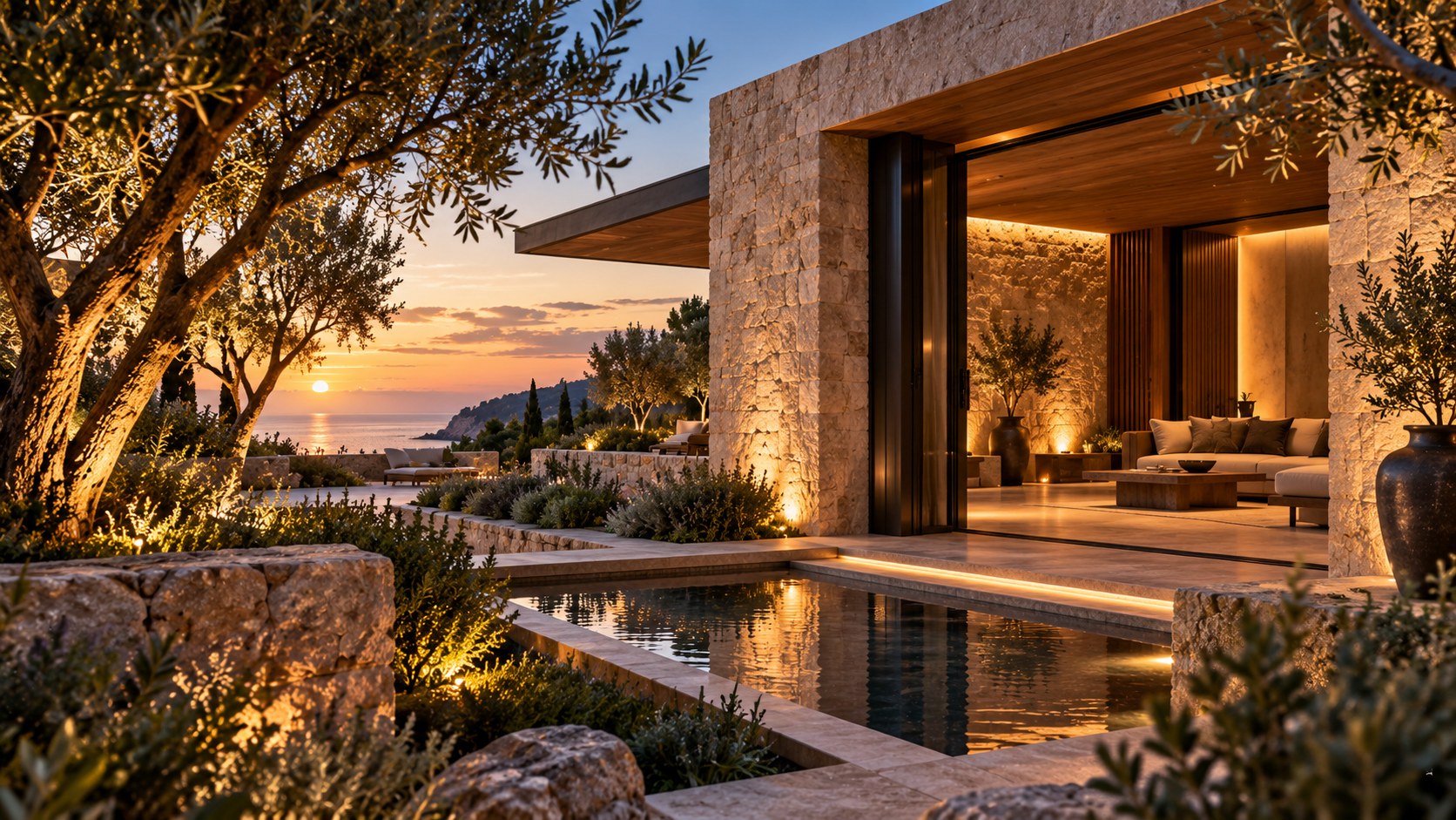 AI-generated Mediterranean-inspired luxury spa pavilion viewed from a landscaped garden at dusk, with warm stone walls, a deep shaded opening, timber detailing, filtered planting, a low reflecting pool, and soft light connecting the interior to a distant sea horizon.