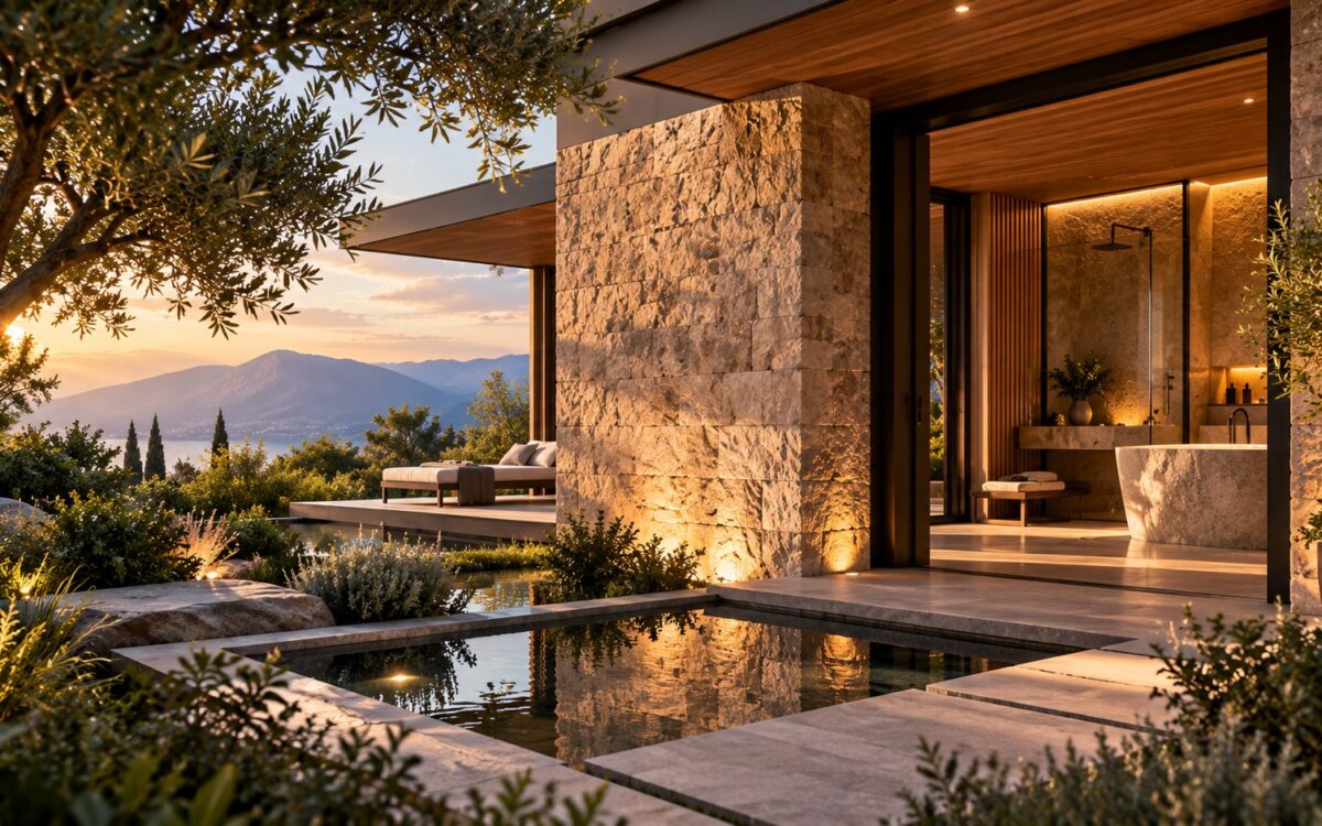 AI-generated contemporary luxury spa pavilion viewed obliquely from a landscaped garden, with warm stone walls, timber soffits, dark-framed openings, filtered planting, and a calm water element creating a private indoor-outdoor retreat.