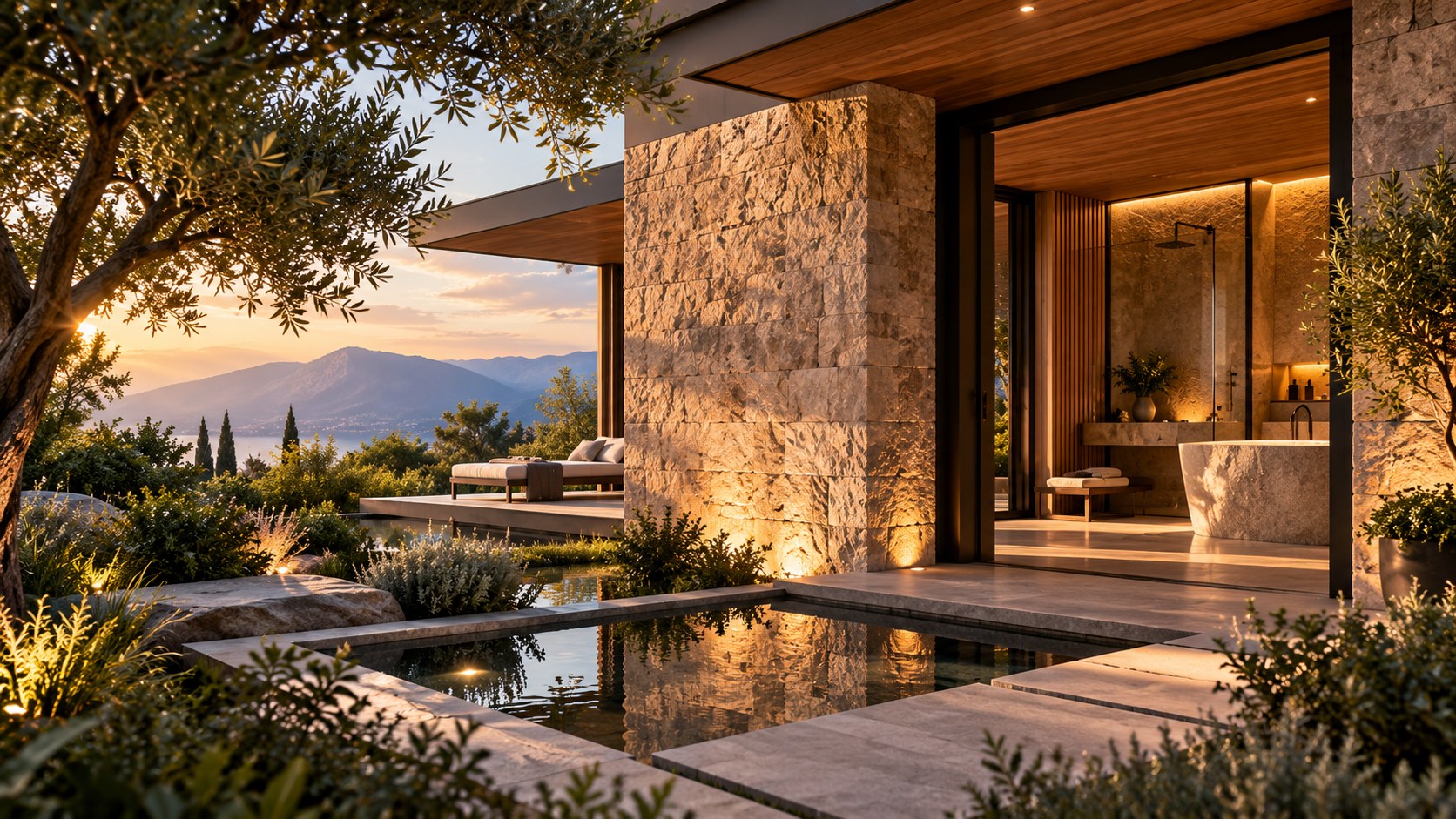 AI-generated contemporary luxury spa pavilion viewed obliquely from a landscaped garden, with warm stone walls, timber soffits, dark-framed openings, filtered planting, and a calm water element creating a private indoor-outdoor retreat.