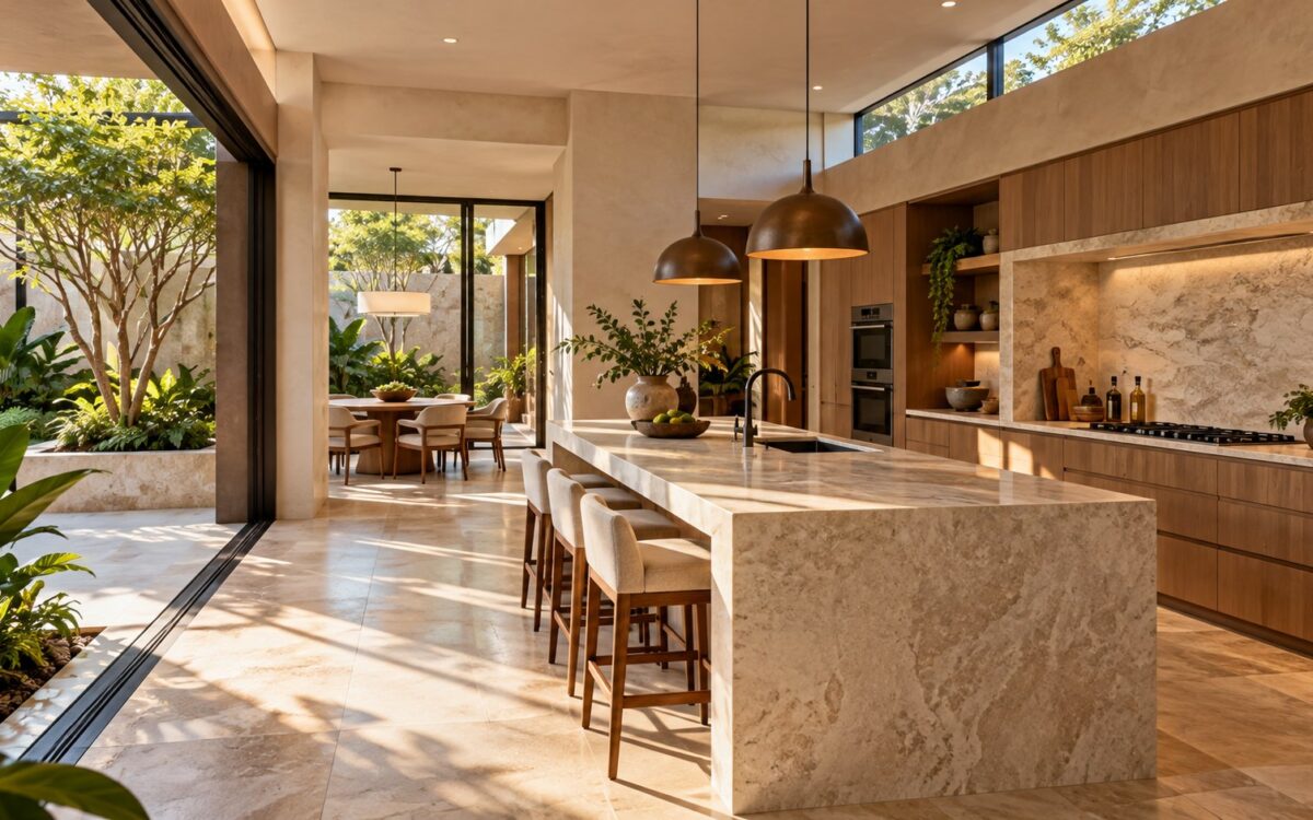 Sunlit contemporary kitchen with a pale limestone island, warm oak cabinetry, clerestory glazing, and a planted garden.