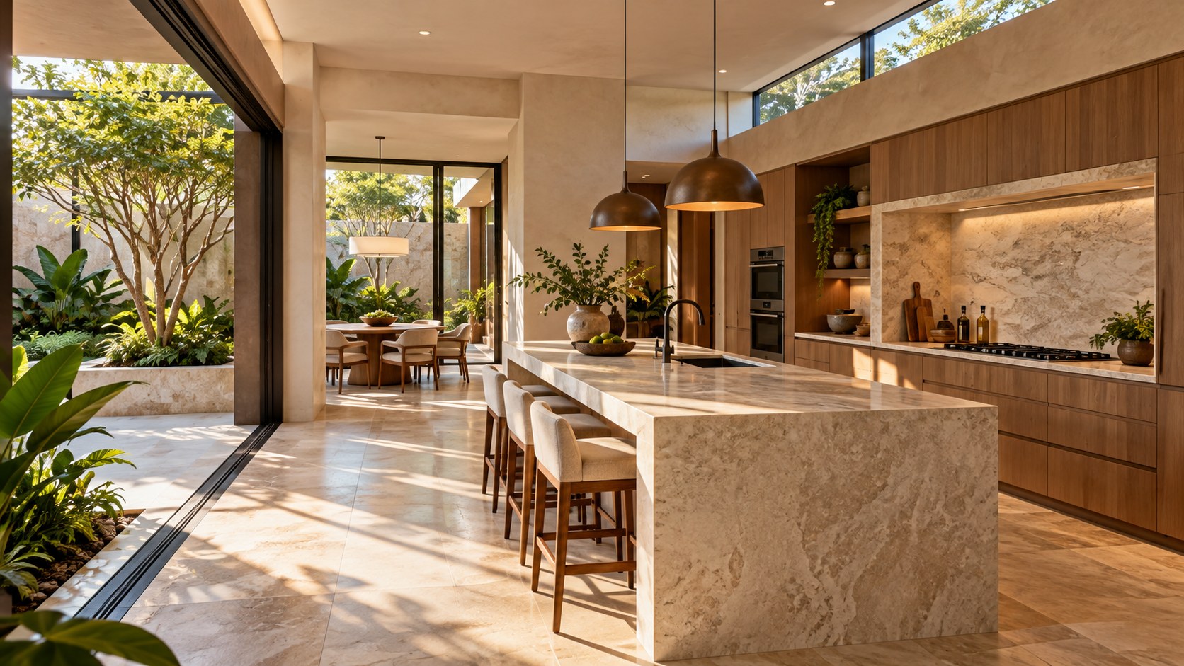 Sunlit contemporary kitchen with a pale limestone island, warm oak cabinetry, clerestory glazing, and a planted garden.