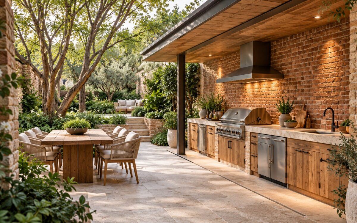 Contemporary sheltered brick outdoor kitchen with a timber canopy, practical preparation counter, and planted dining courtyard.