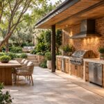 Contemporary sheltered brick outdoor kitchen with a timber canopy, practical preparation counter, and planted dining courtyard.