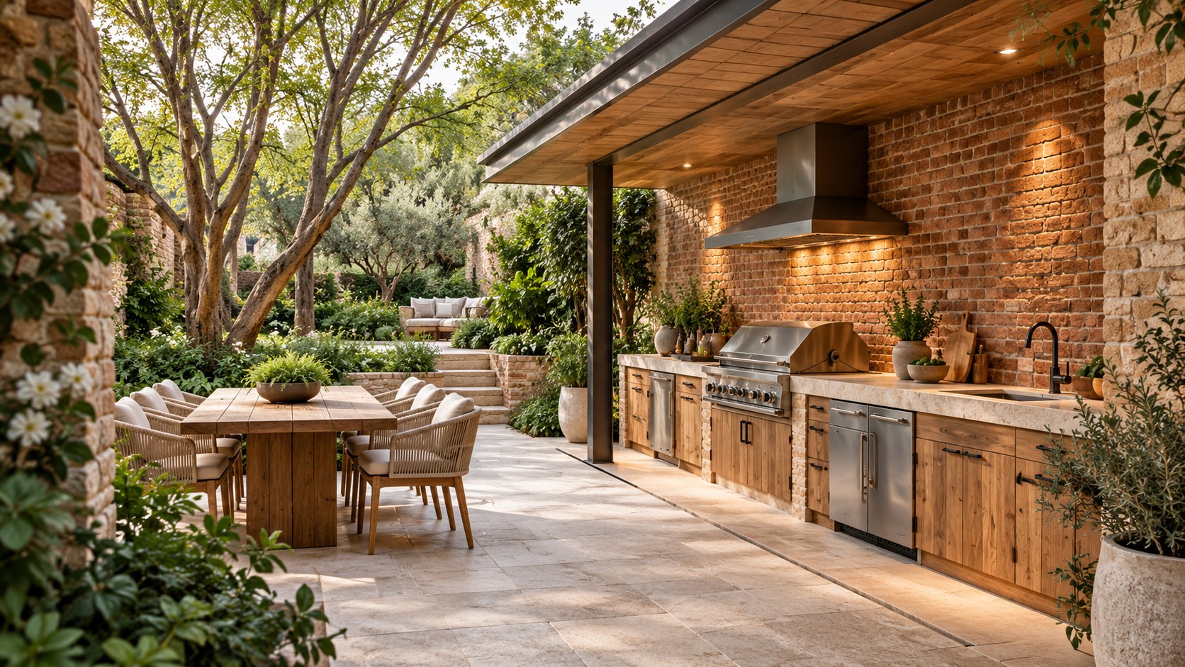 Contemporary sheltered brick outdoor kitchen with a timber canopy, practical preparation counter, and planted dining courtyard.