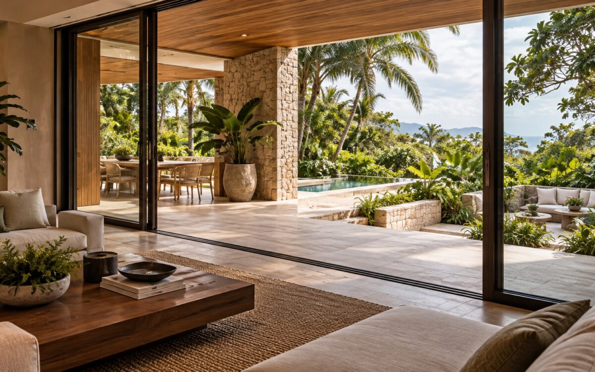Contemporary tropical living room opening to a sheltered stone terrace, landscaped pool court, and shaded garden seating.