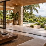 Contemporary tropical living room opening to a sheltered stone terrace, landscaped pool court, and shaded garden seating.