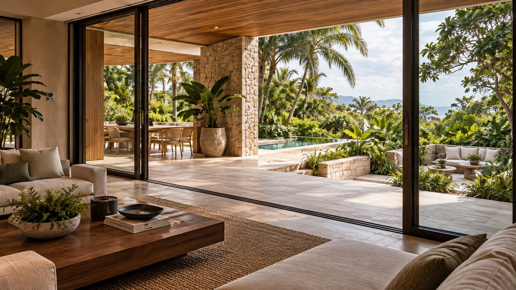 Contemporary tropical living room opening to a sheltered stone terrace, landscaped pool court, and shaded garden seating.