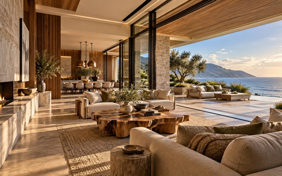 Sunlit double-height oceanview great room with limestone hearth, walnut joinery, layered seating, and a shaded terrace.