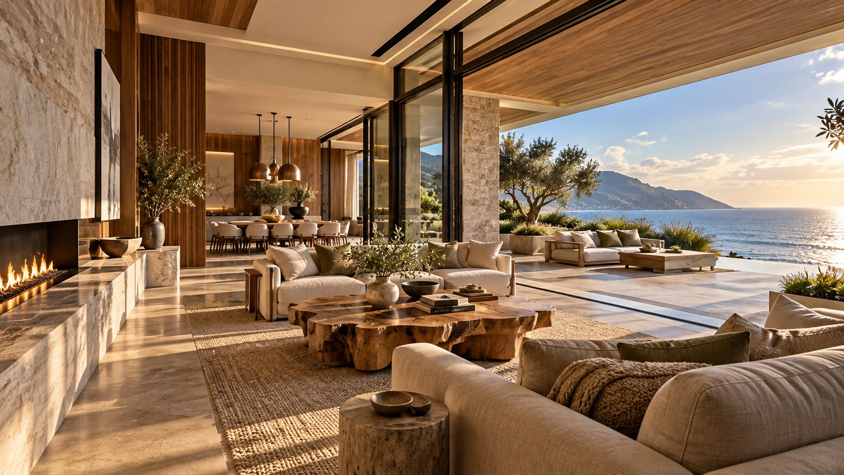Sunlit double-height oceanview great room with limestone hearth, walnut joinery, layered seating, and a shaded terrace.