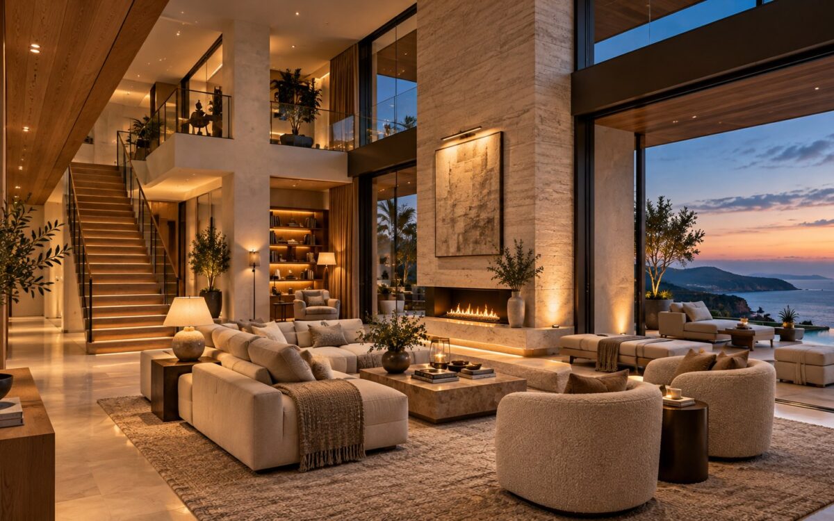 Contemporary double-height coastal living room with limestone hearth, timber ceiling, sheltered glazing, and quiet mezzanine gallery.