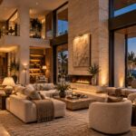 Contemporary double-height coastal living room with limestone hearth, timber ceiling, sheltered glazing, and quiet mezzanine gallery.