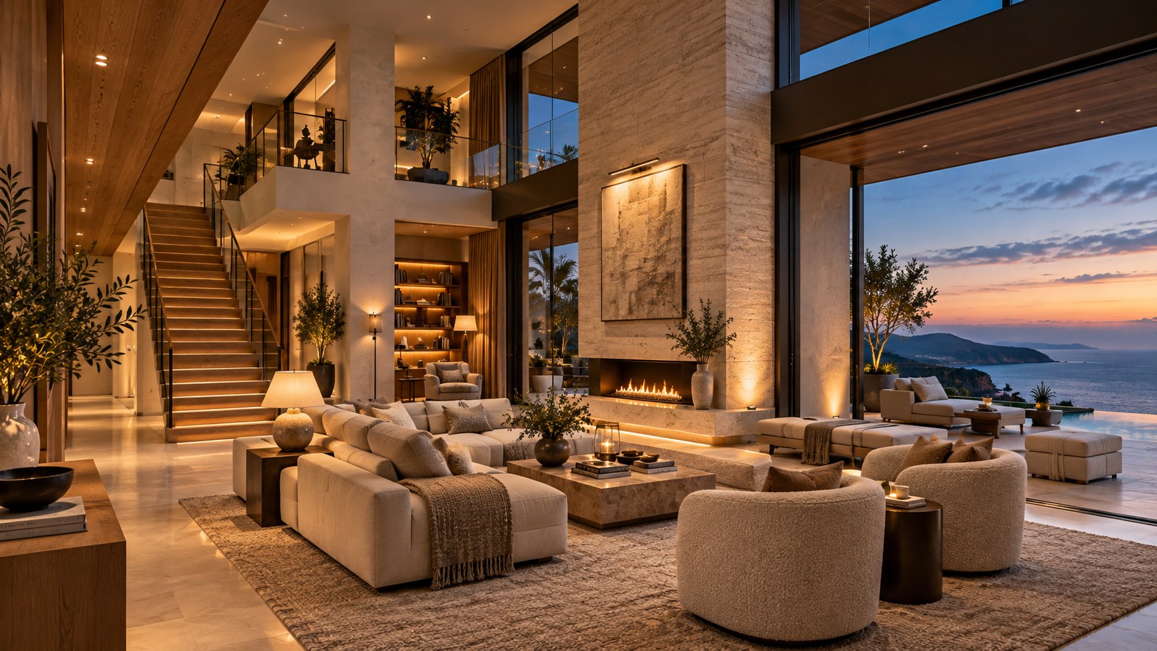 Contemporary double-height coastal living room with limestone hearth, timber ceiling, sheltered glazing, and quiet mezzanine gallery.