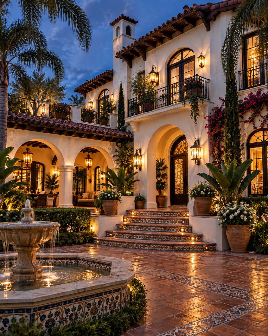 AI-generated Mediterranean-inspired luxury villa at twilight with white stucco walls, arched openings, warm terracotta accents, landscaped courtyard areas, decorative paving, lush greenery, and soft architectural lighting creating an elegant resort-like atmosphere.