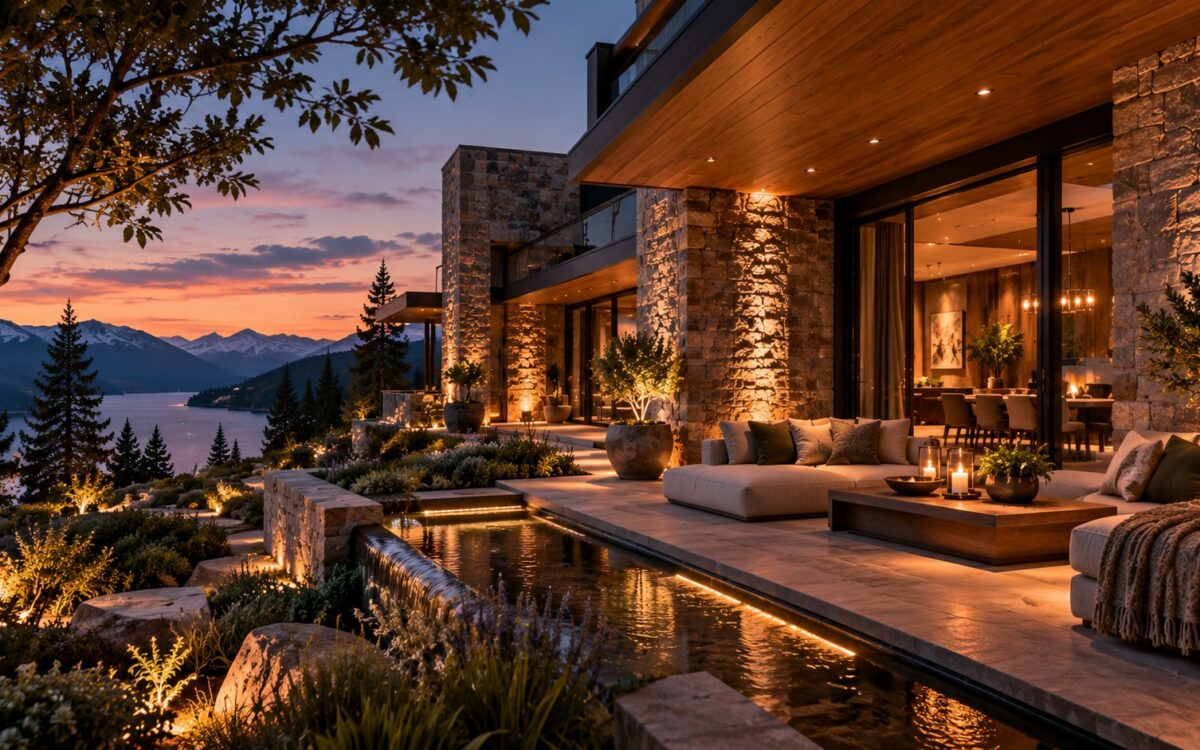 AI-generated contemporary mountain residence viewed from a sheltered exterior terrace at dusk, with warm stone walls, timber detailing, a narrow reflecting water element, layered planting, and a calm lake-and-mountain horizon beyond.