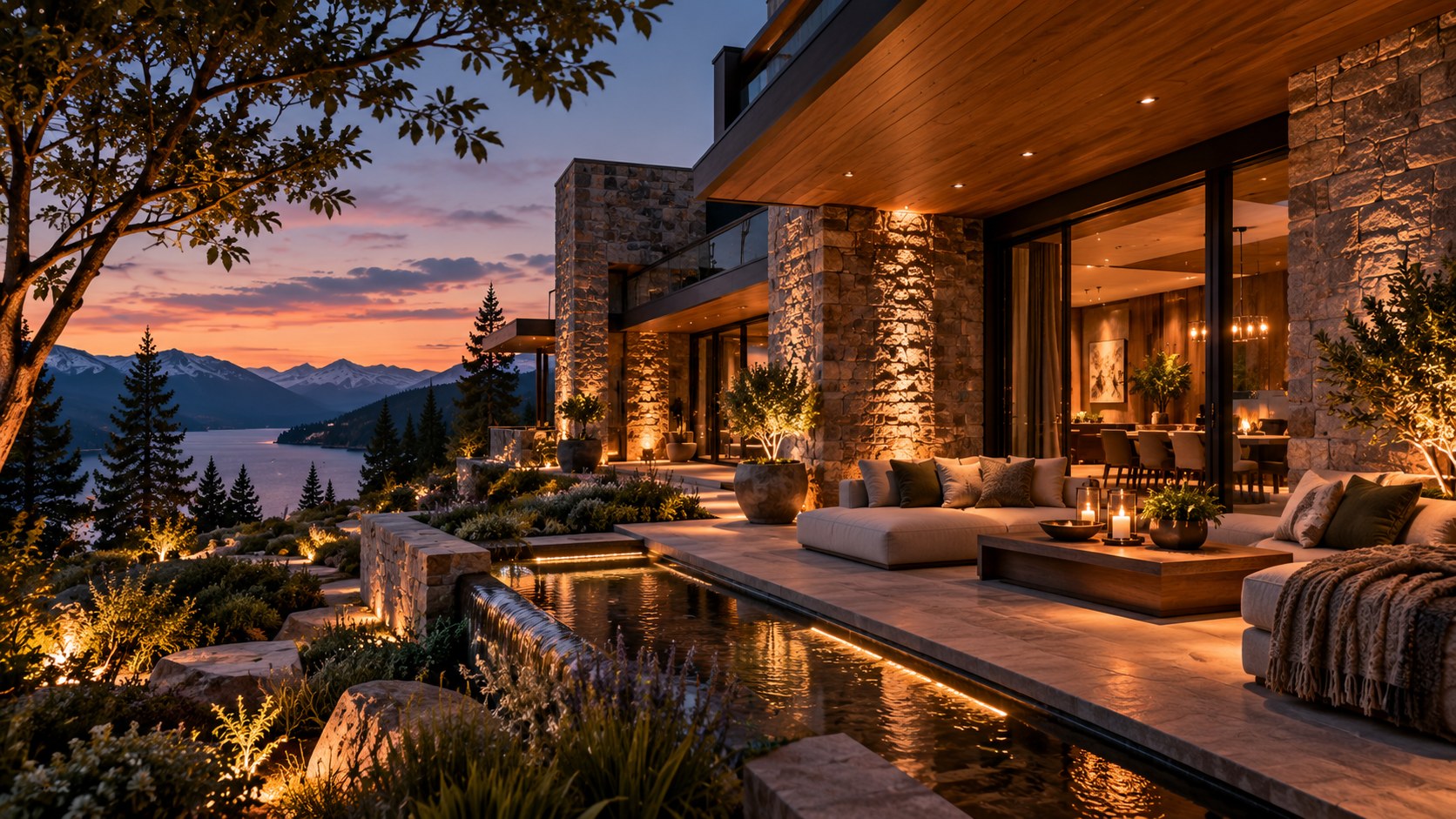 AI-generated contemporary mountain residence viewed from a sheltered exterior terrace at dusk, with warm stone walls, timber detailing, a narrow reflecting water element, layered planting, and a calm lake-and-mountain horizon beyond.