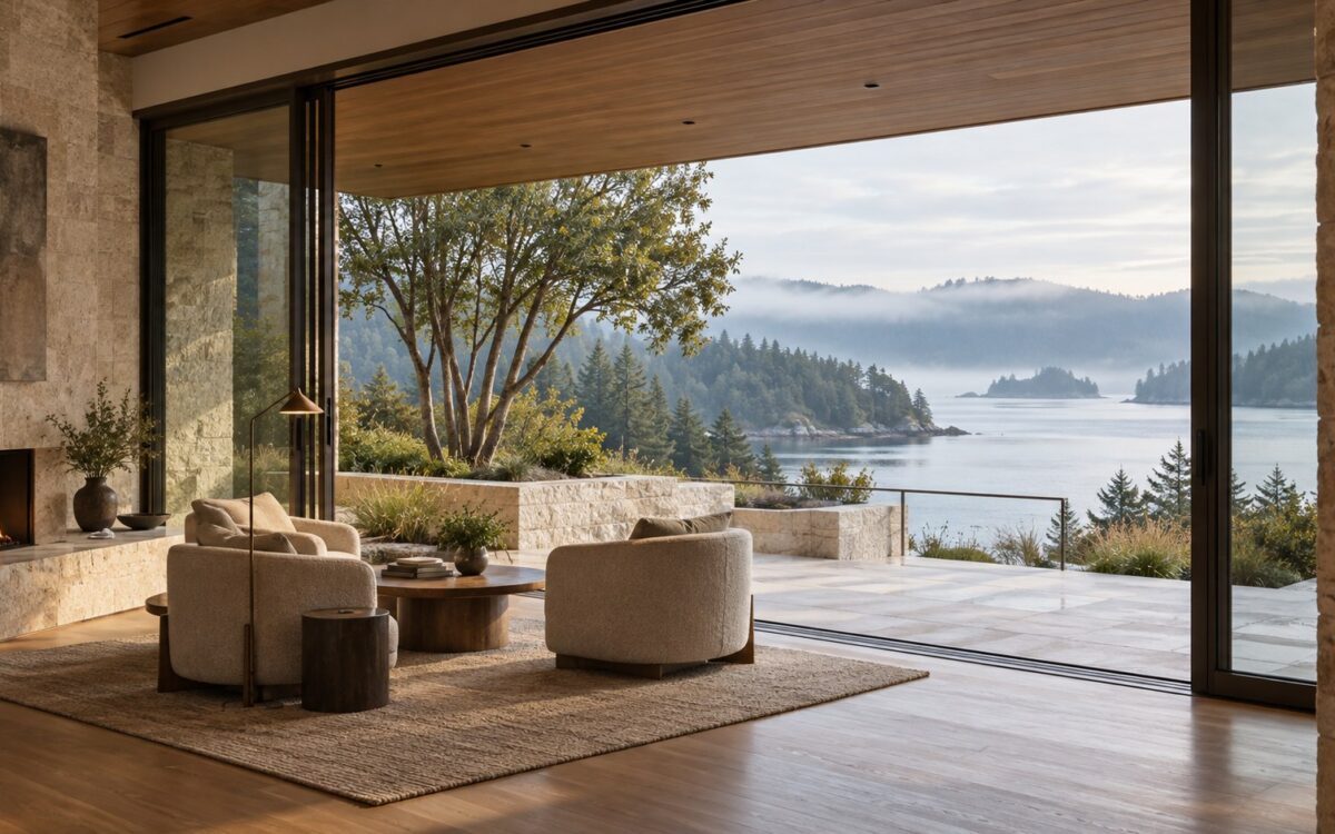 Sheltered contemporary great room with a broad bronze-framed coastal view, limestone walls, warm timber ceiling, and neutral seating.