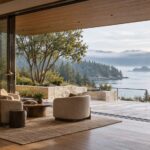 Sheltered contemporary great room with a broad bronze-framed coastal view, limestone walls, warm timber ceiling, and neutral seating.