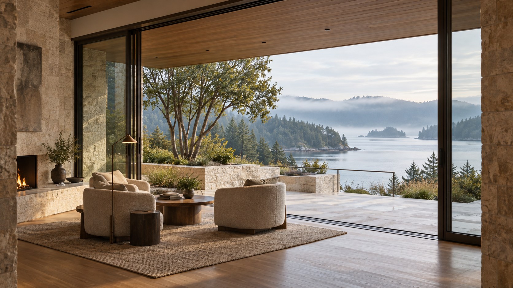 Sheltered contemporary great room with a broad bronze-framed coastal view, limestone walls, warm timber ceiling, and neutral seating.