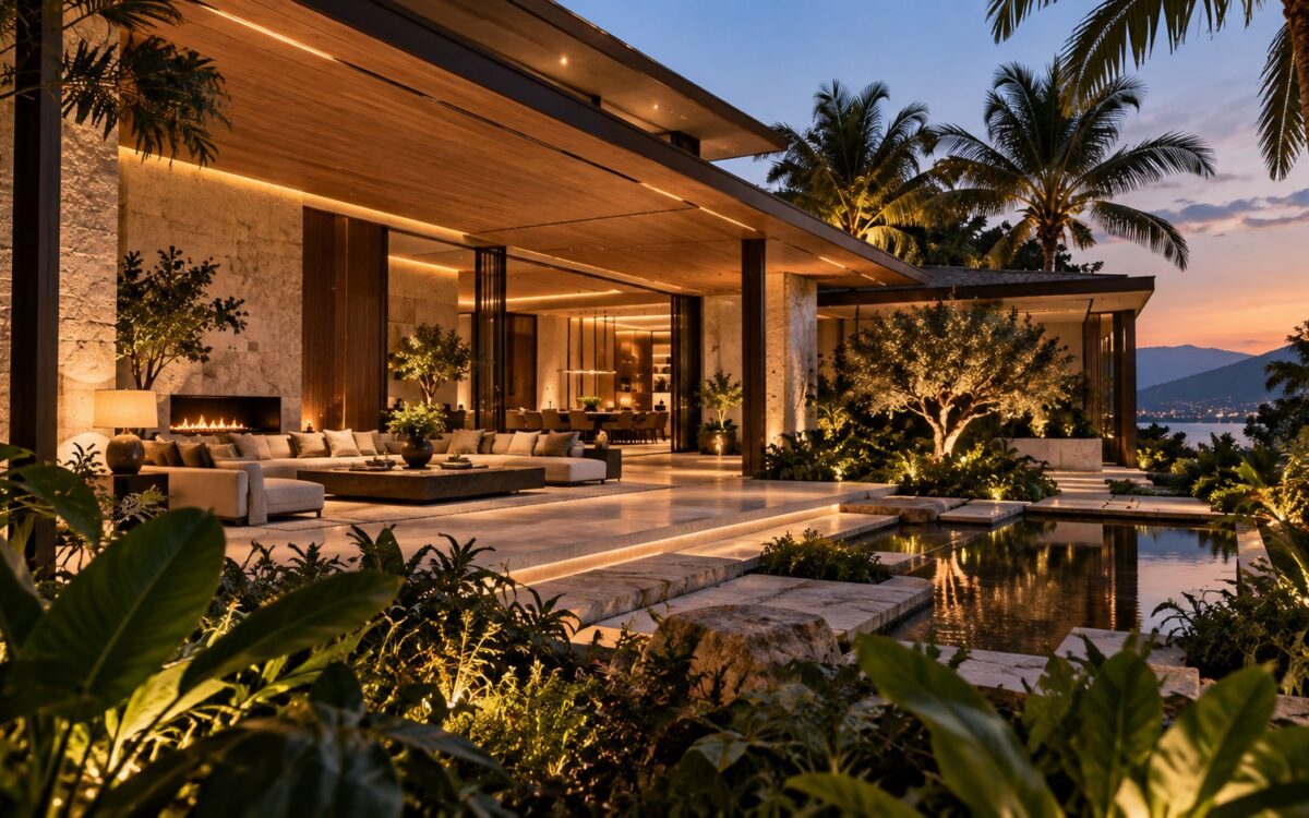AI-generated contemporary tropical residence viewed from a landscaped garden at dusk, with a broad shaded terrace, layered planting, warm stone and timber, a reflective water court, and a distant hillside and water view.