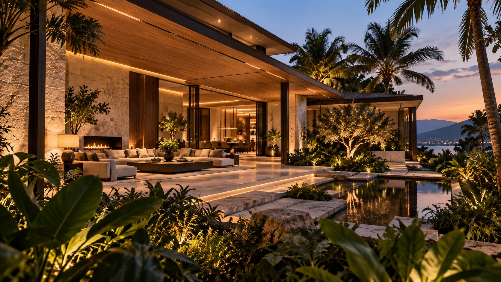 AI-generated contemporary tropical residence viewed from a landscaped garden at dusk, with a broad shaded terrace, layered planting, warm stone and timber, a reflective water court, and a distant hillside and water view.