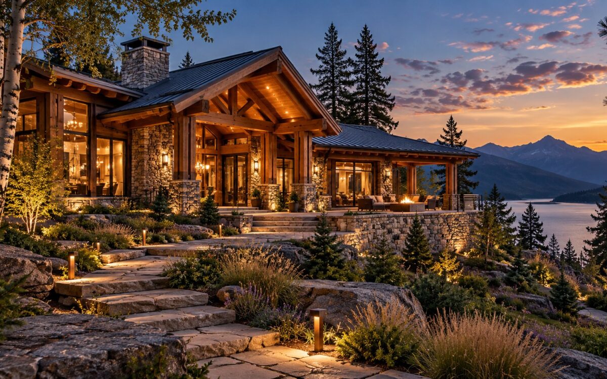 AI-generated mountain lodge residence viewed from a landscaped approach at dusk, with a broad timber roof structure, stone walls, warm interior glazing, and layered planting framing a distant alpine landscape.