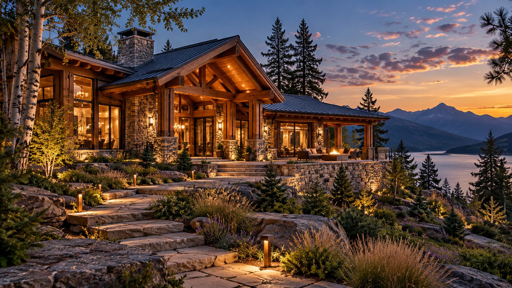 AI-generated mountain lodge residence viewed from a landscaped approach at dusk, with a broad timber roof structure, stone walls, warm interior glazing, and layered planting framing a distant alpine landscape.