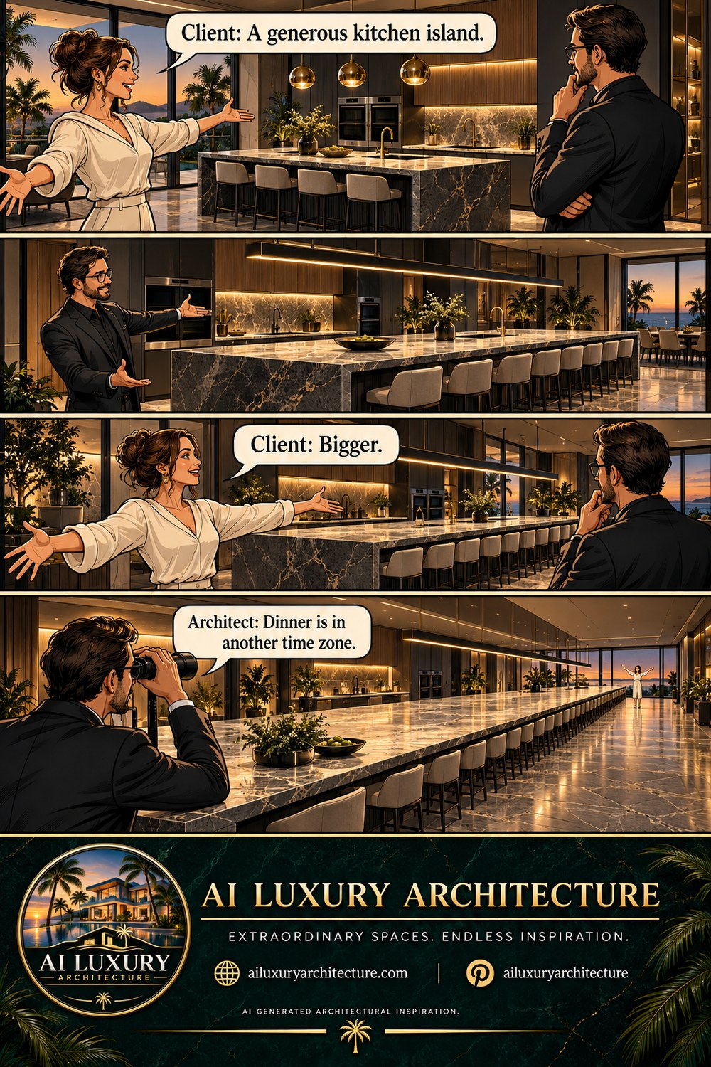 Four-panel AI-generated architecture comic showing a luxury kitchen with a progressively oversized stone island; a client asks for a generous island, then asks for it to be bigger, and the final panel shows an enormous island with the architect using binoculars to see her at the far end.