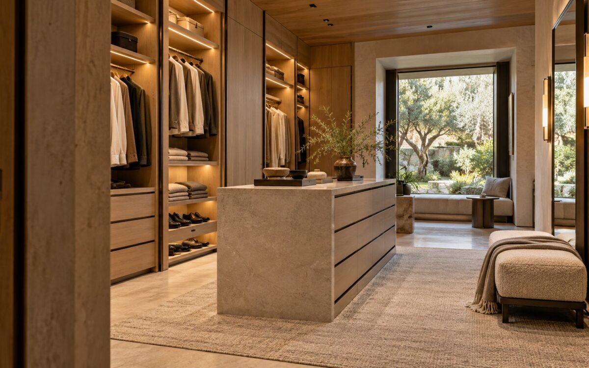 Contemporary luxury dressing room with warm oak wardrobe bays, a stone accessory island, upholstered seat, and sheltered garden view.