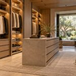 Contemporary luxury dressing room with warm oak wardrobe bays, a stone accessory island, upholstered seat, and sheltered garden view.
