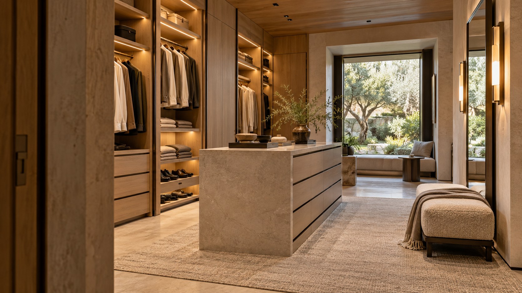 Contemporary luxury dressing room with warm oak wardrobe bays, a stone accessory island, upholstered seat, and sheltered garden view.
