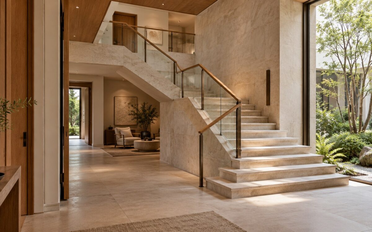 Contemporary limestone entry gallery with a sculptural folded staircase, oak handrail, sheltered garden glazing, and natural daylight.