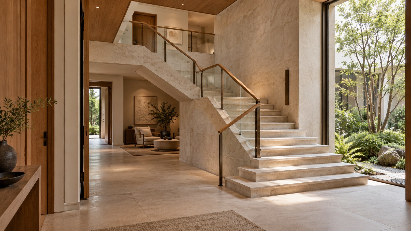 Contemporary limestone entry gallery with a sculptural folded staircase, oak handrail, sheltered garden glazing, and natural daylight.