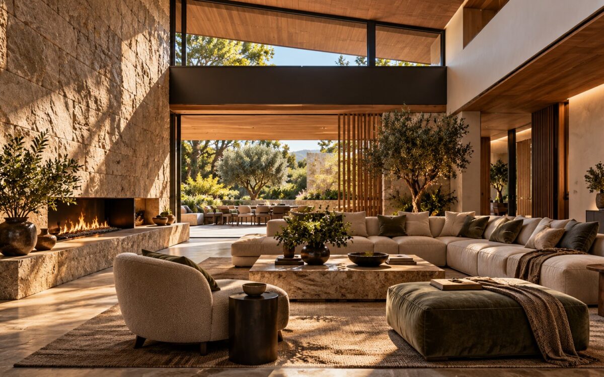 Contemporary luxury living room with carefully framed daylight, deep architectural reveals, textured stone, warm timber, and a shaded garden view.