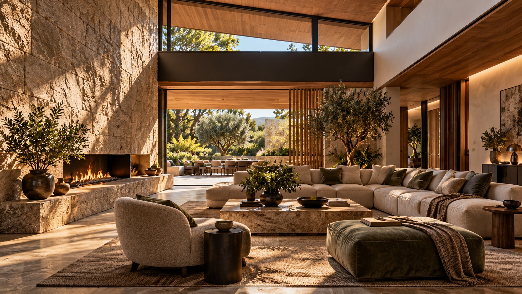 Contemporary luxury living room with carefully framed daylight, deep architectural reveals, textured stone, warm timber, and a shaded garden view.