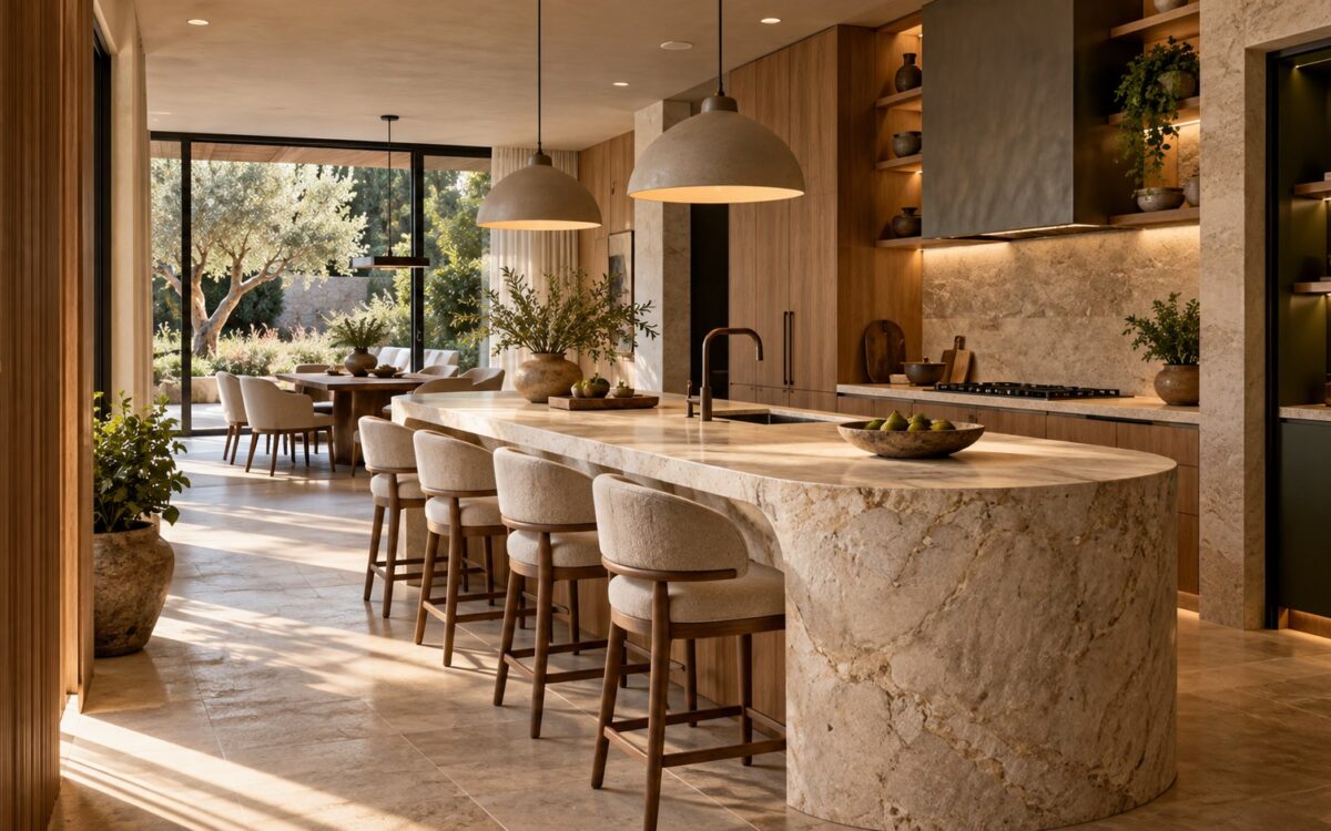Organic-modern kitchen with sculptural pale limestone island, warm oak cabinetry, and a framed garden dining view.