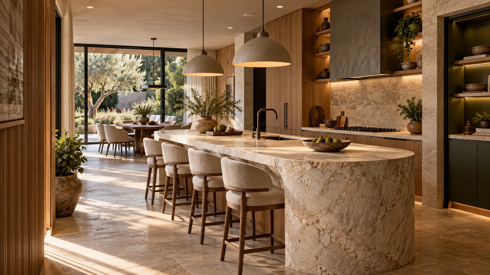 Organic-modern kitchen with sculptural pale limestone island, warm oak cabinetry, and a framed garden dining view.